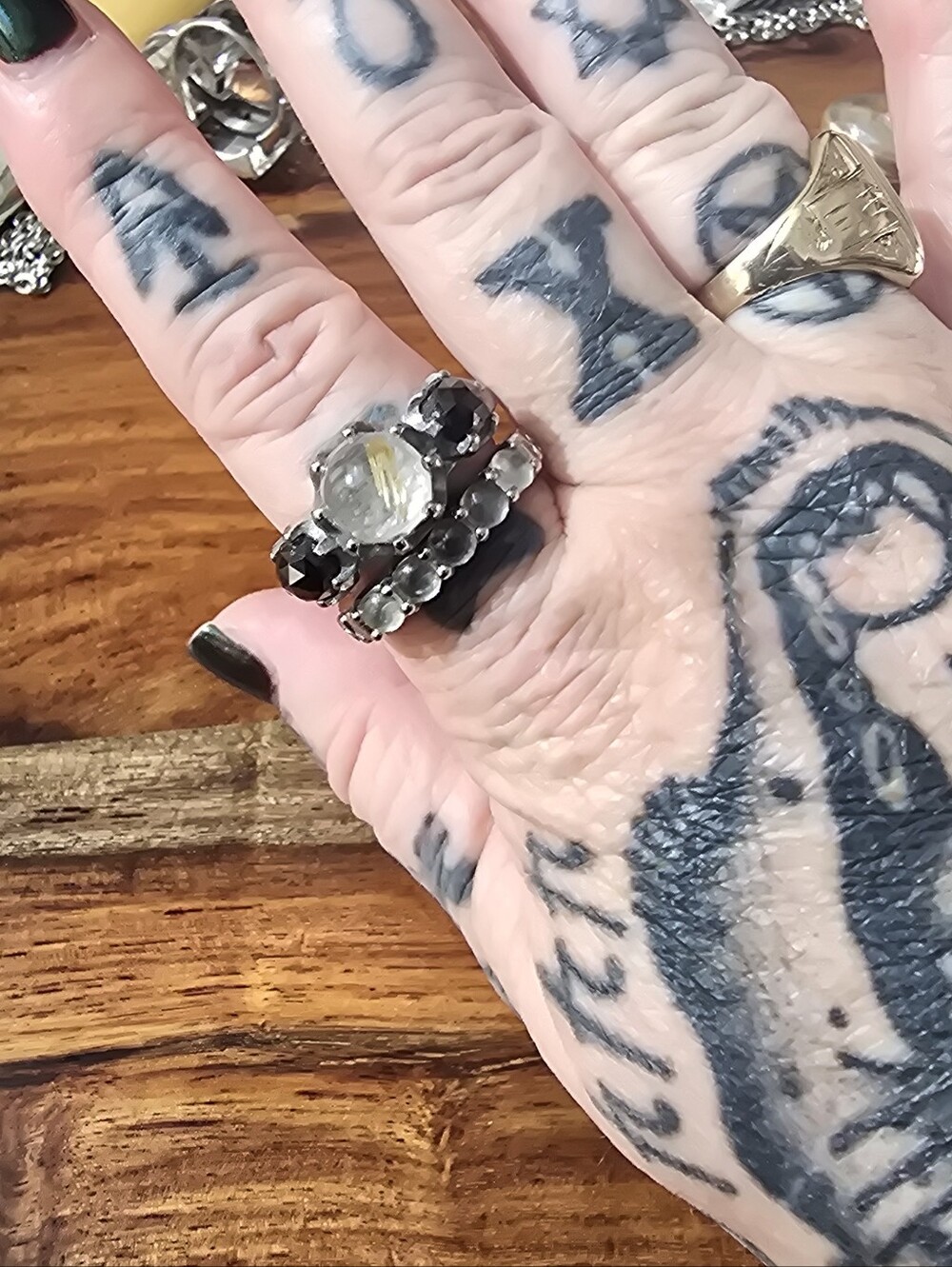 Evil Pawn Jewelry 3-stone Persephone Ring In Gold Rutile And Obsidian - Picture 7 of 7